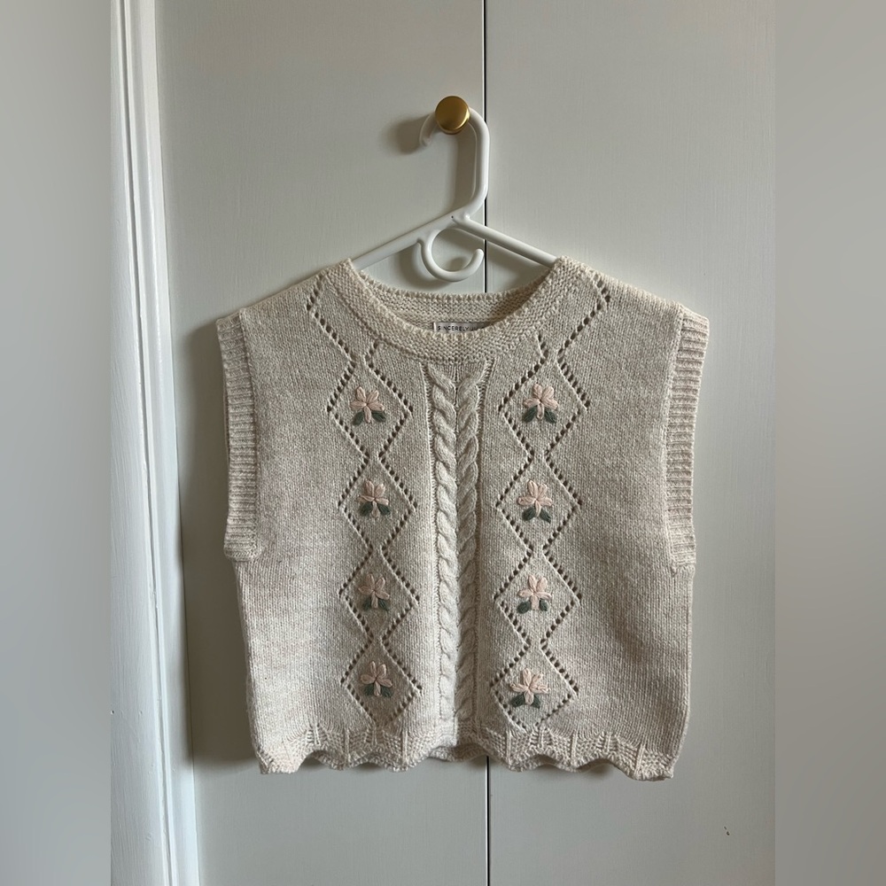 Sincerely Jules Cream Sleeveless Sweater with Floral Accents